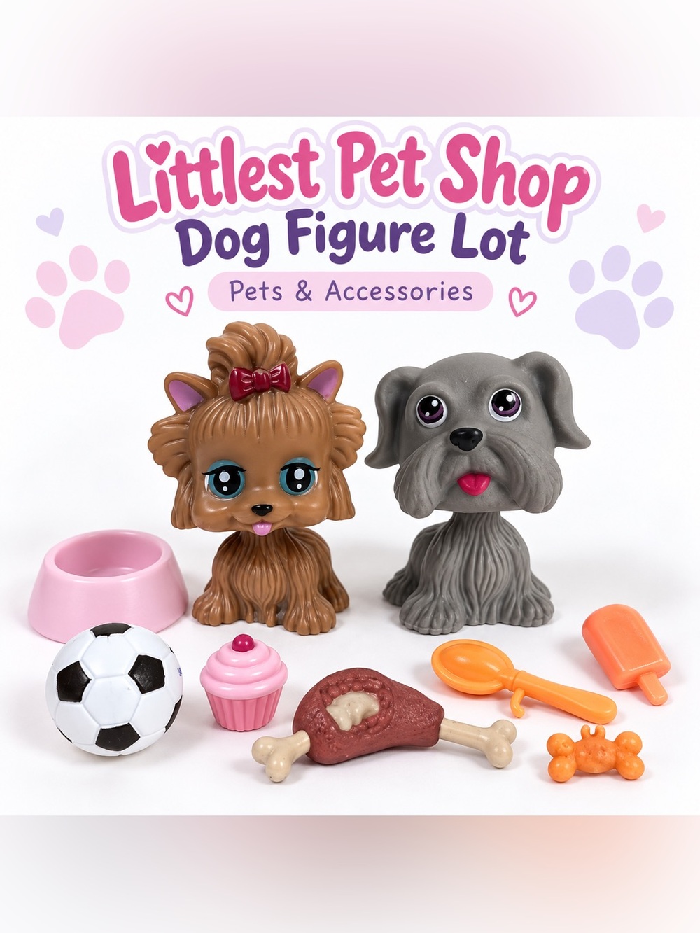 Littlest Pet Shop Dog Lot Yorkie Schnauzer Figures + Food & Accessories